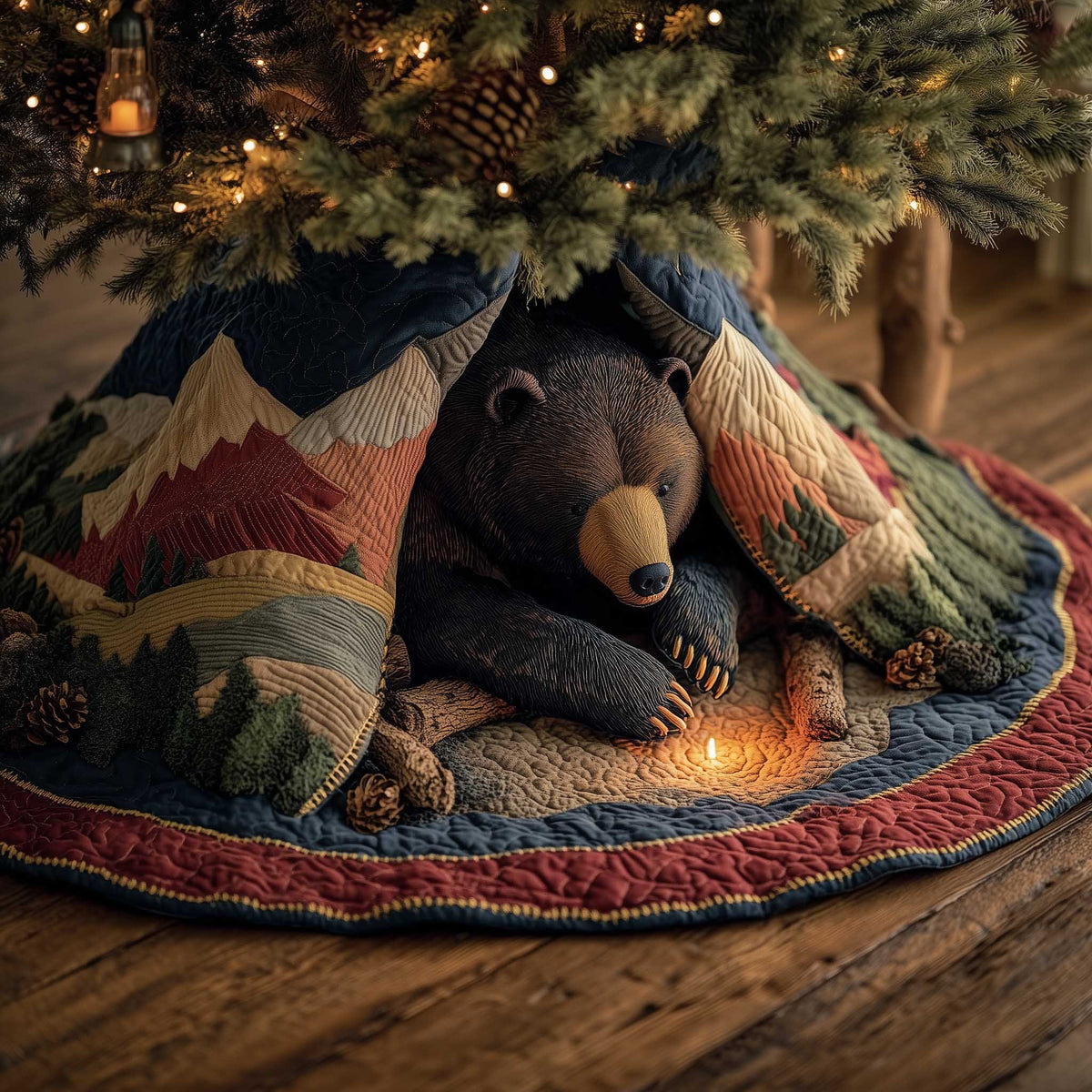 Bear by the Mountain Campfire Christmas Tree Skirt
