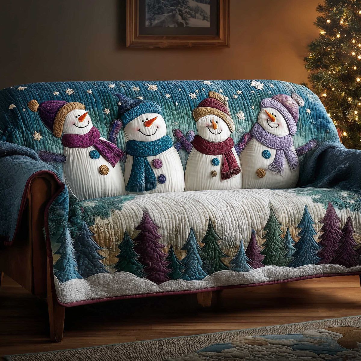 Snowmen in Knitted Winter Hats Sofa Cover