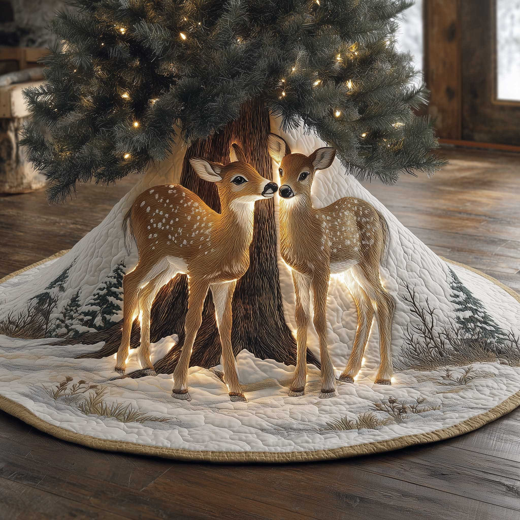 Golden Deer Family in the Snow Christmas Tree Skirt