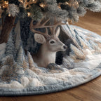 White Deer on Snowy Quilt Christmas Tree Skirt