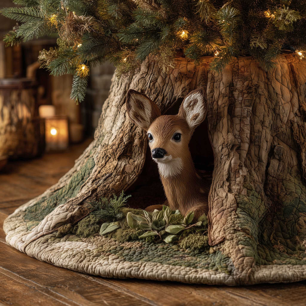 Fawn in a Mossy Tree Hollow Christmas Tree Skirt
