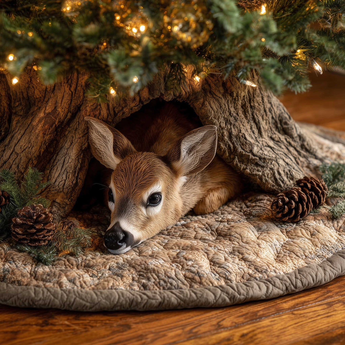 Fawn Lying Among Pinecones Christmas Tree Skirt