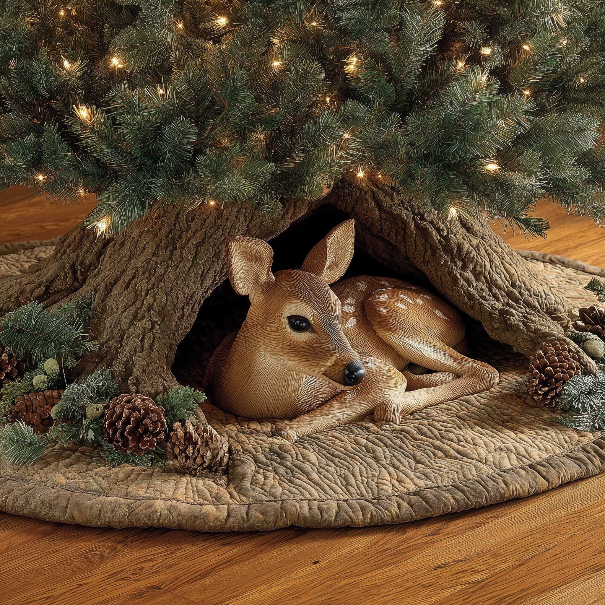Two Fawns Resting in a Log Christmas Tree Skirt