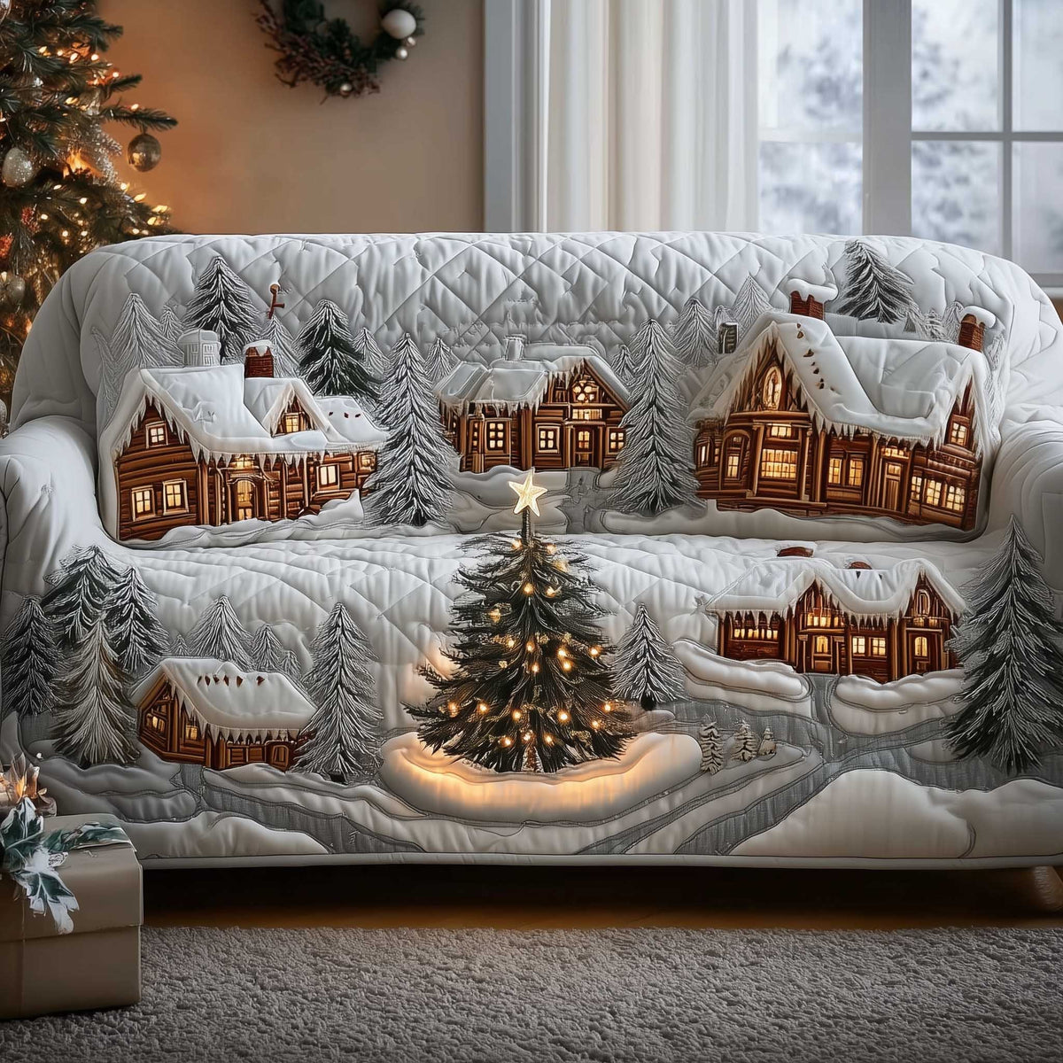White Snow Village Around the Lit Tree Sofa Cover