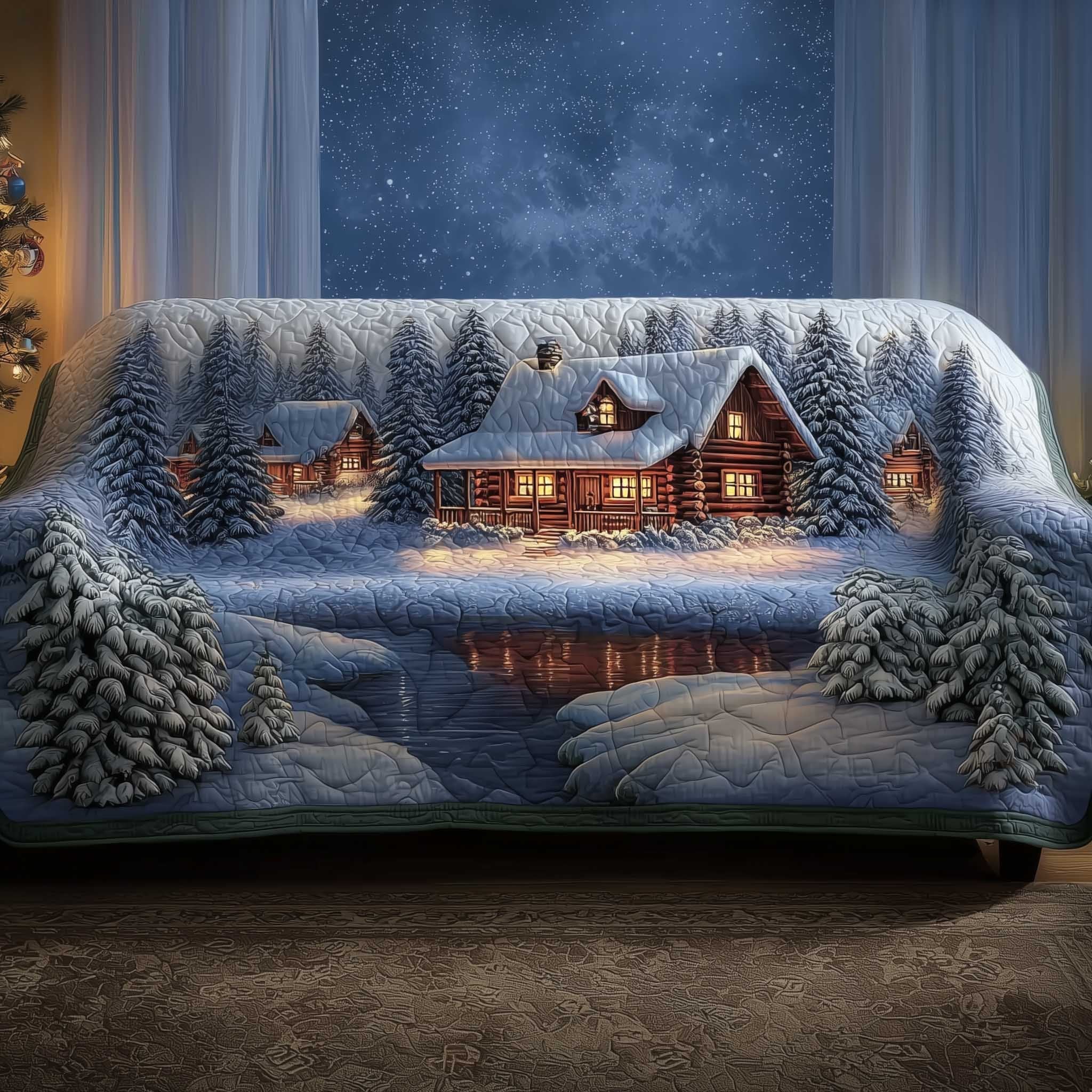 Blue Midnight Cabins in the Snowfall Sofa Cover