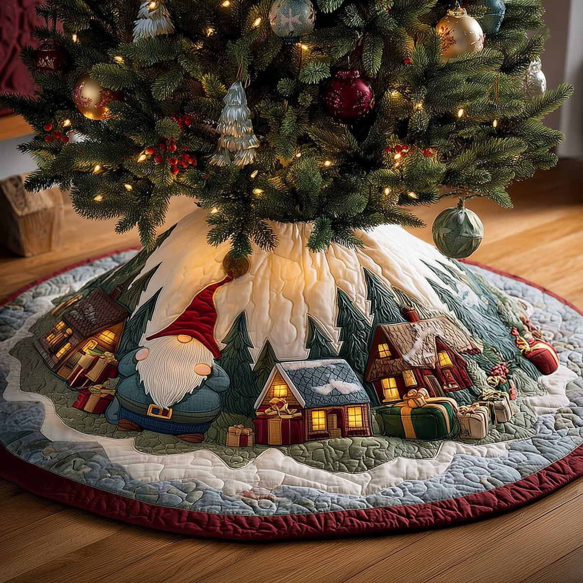 Gnome Beside the Glowing Village Christmas Tree Skirt