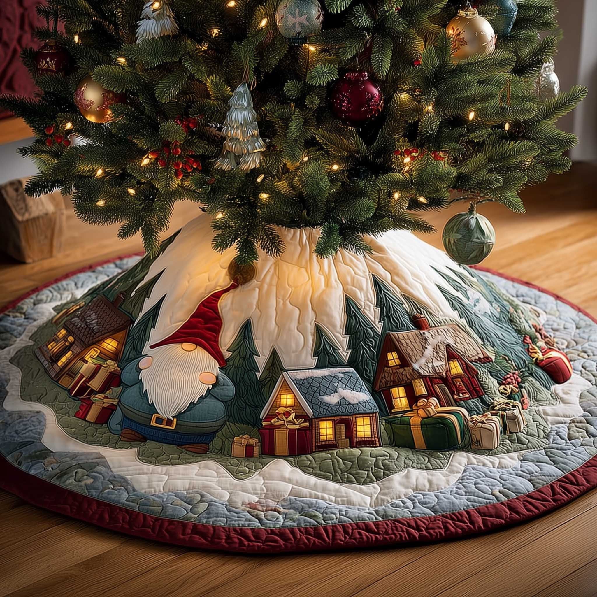 Gnome Beside the Glowing Village Christmas Tree Skirt