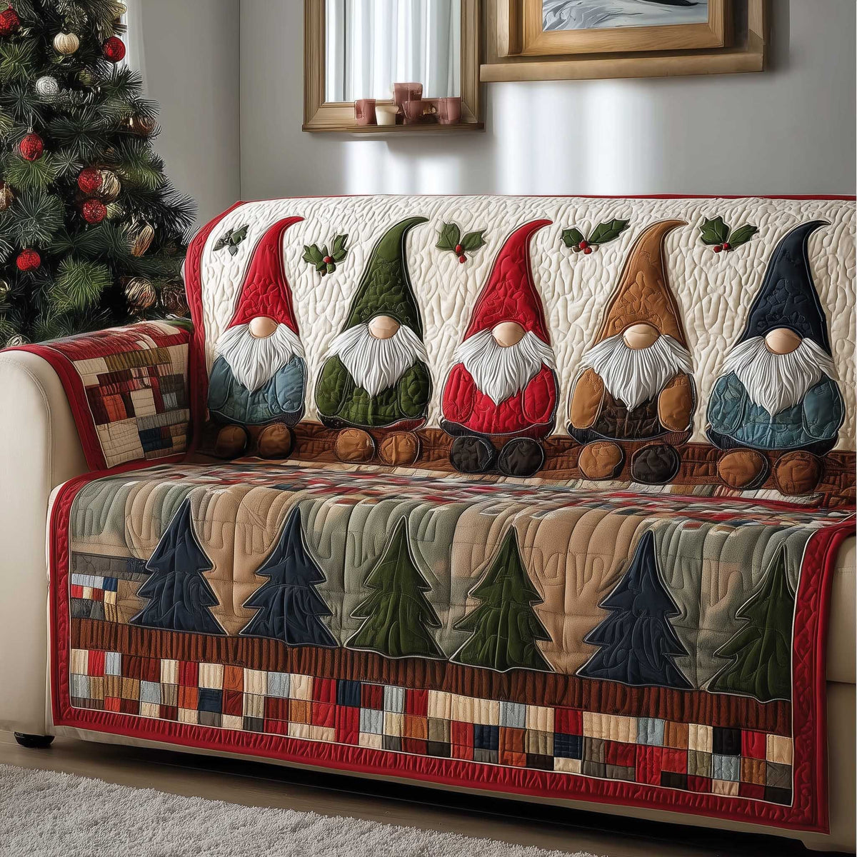 Gnomes in Red and Green Hats Sofa Cover