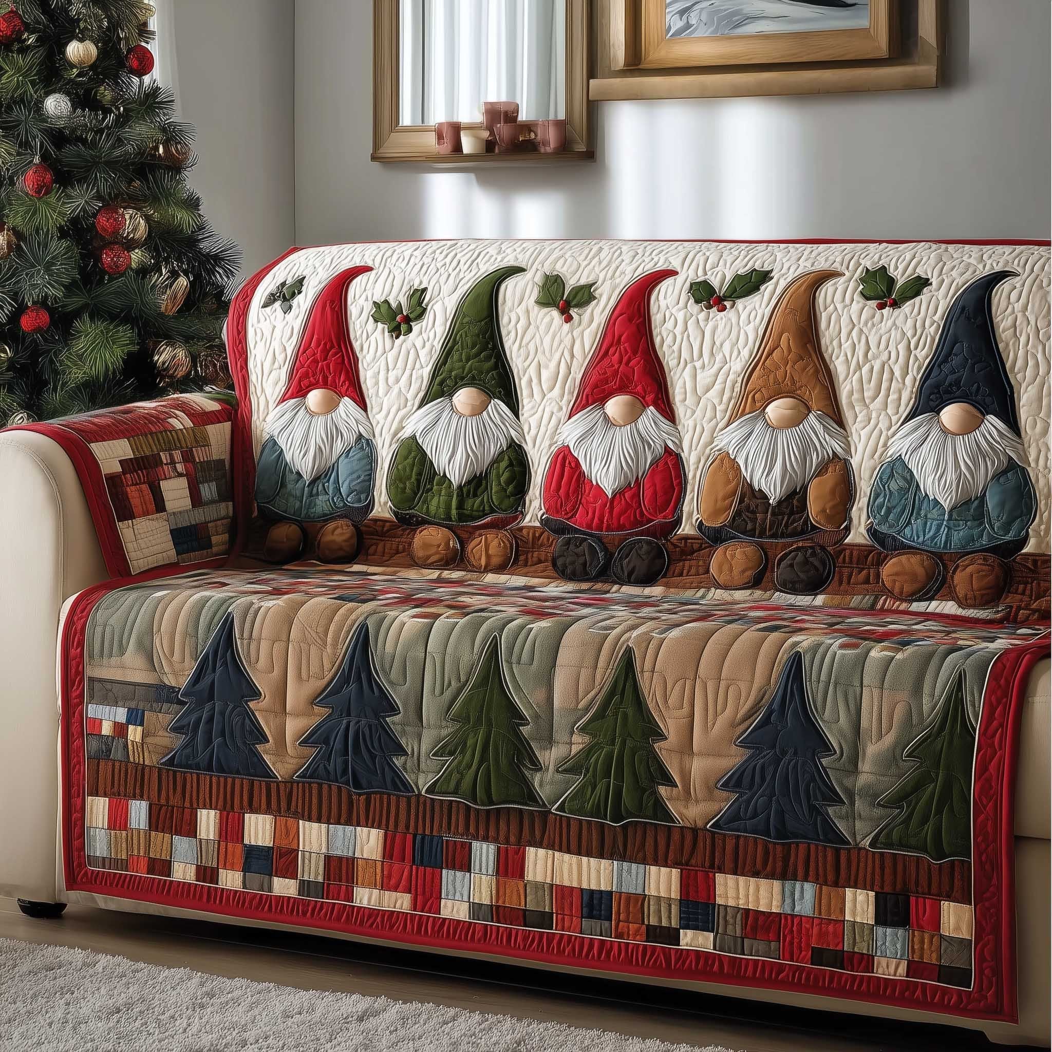 Gnomes in Red and Green Hats Sofa Cover