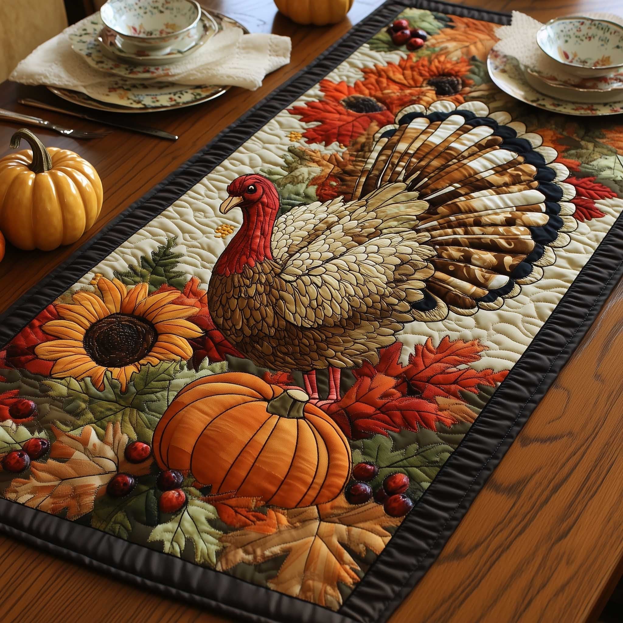 Turkey with Pumpkins and Sunflower Table Runner