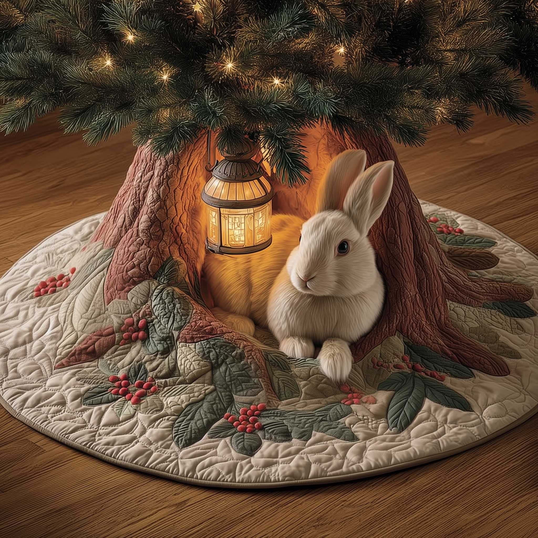 White Rabbit Beside the Lantern Christmas Tree Skirt