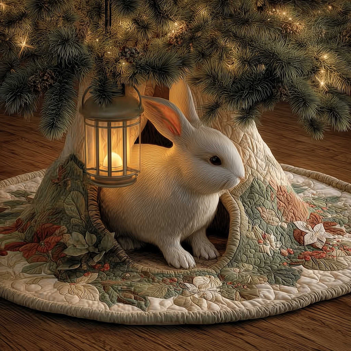 Rabbit in the Hollow with a Lantern Christmas Tree Skirt