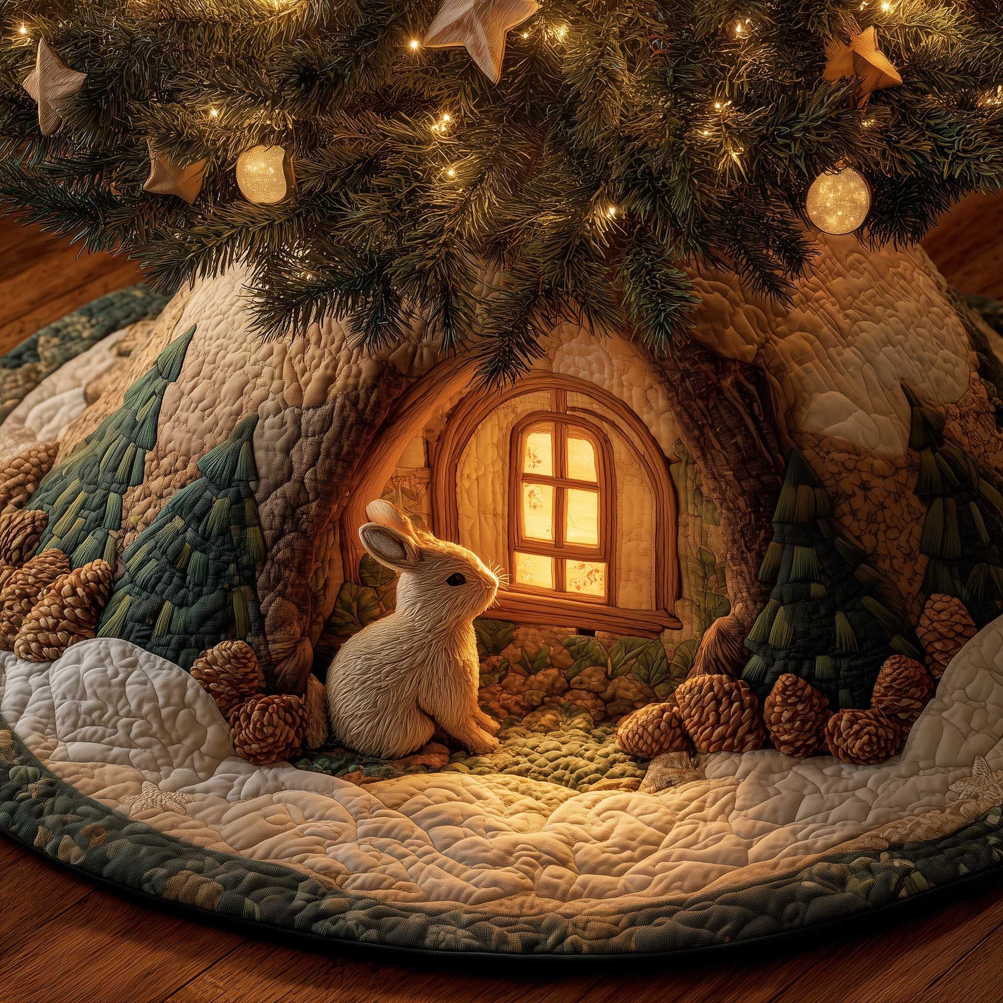 Rabbit by the Glowing Tree Window Christmas Tree Skirt