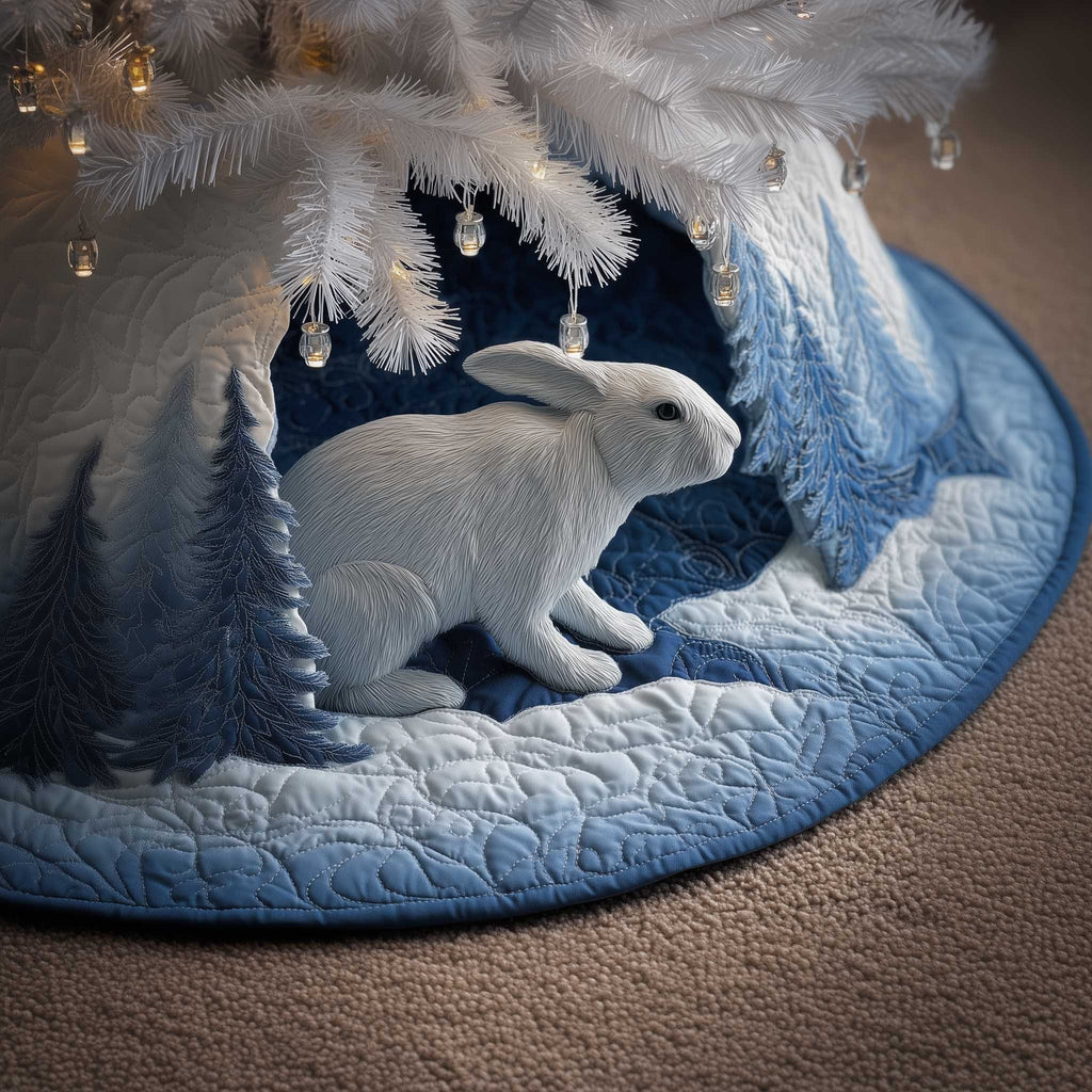 White Rabbit in the Snowy Blue Wood Christmas Tree Skirt