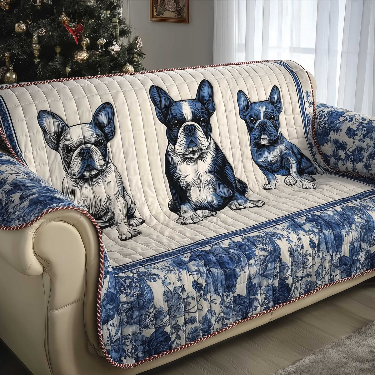 Sketched Bulldogs on Blue Toile Sofa Cover