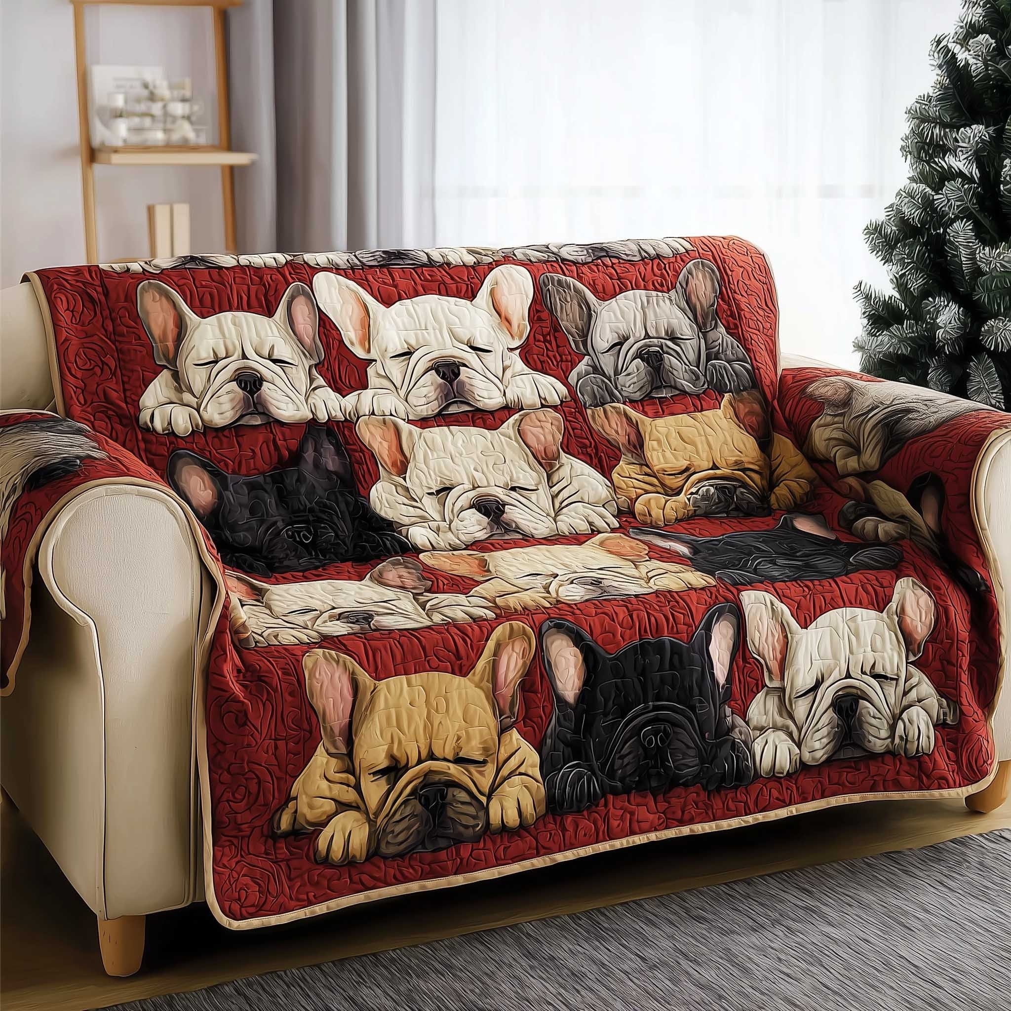 Sleepy Bulldogs on Red Patchwork Sofa Cover