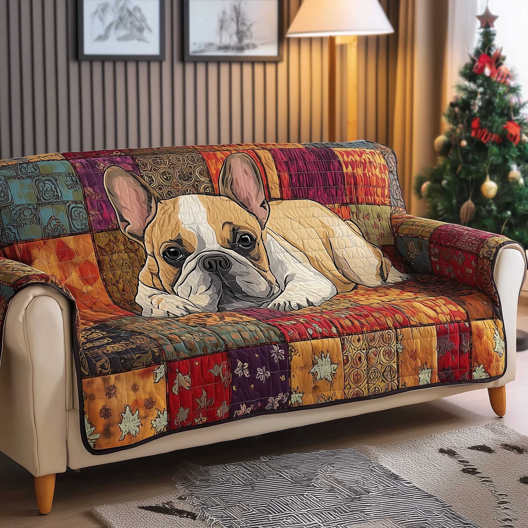 Fawn Bulldog on the Autumn Quilt Sofa Cover