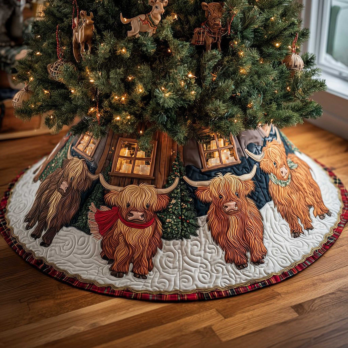 Highland Cows by Snowy Houses Christmas Tree Skirt