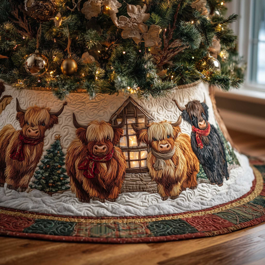 Highland Cows by the Cottage Christmas Tree Skirt