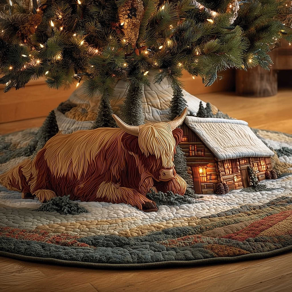 Highland Cow Beside a Log Cabin Christmas Tree Skirt