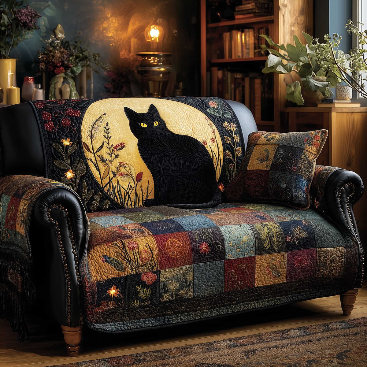 Black Cat Beneath the Golden Moon Sofa Cover