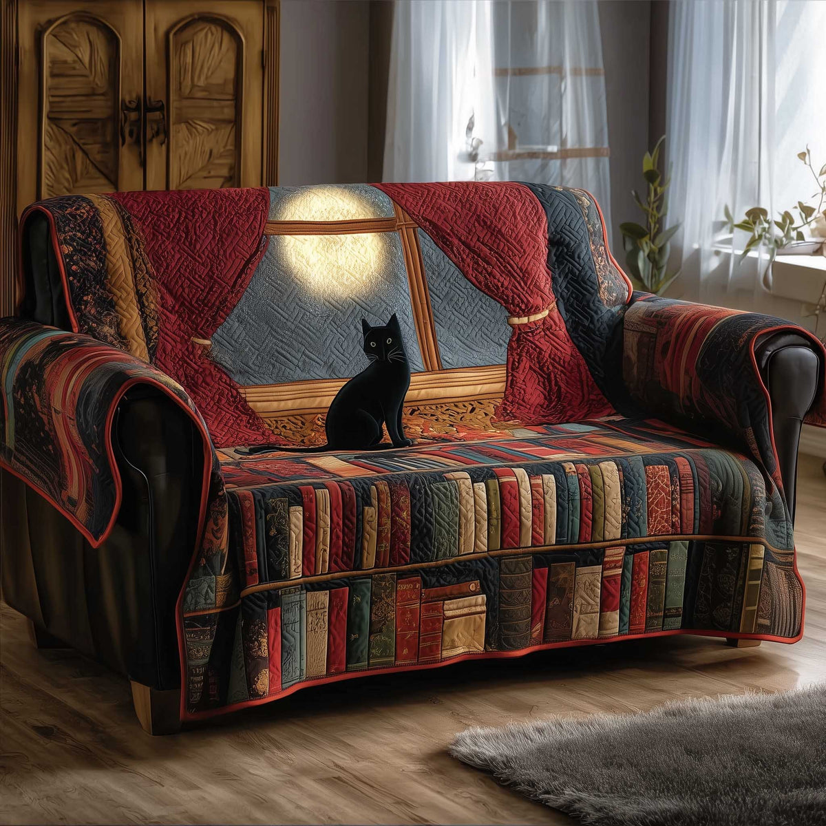 Black Cat at the Bookshelf Window Sofa Cover