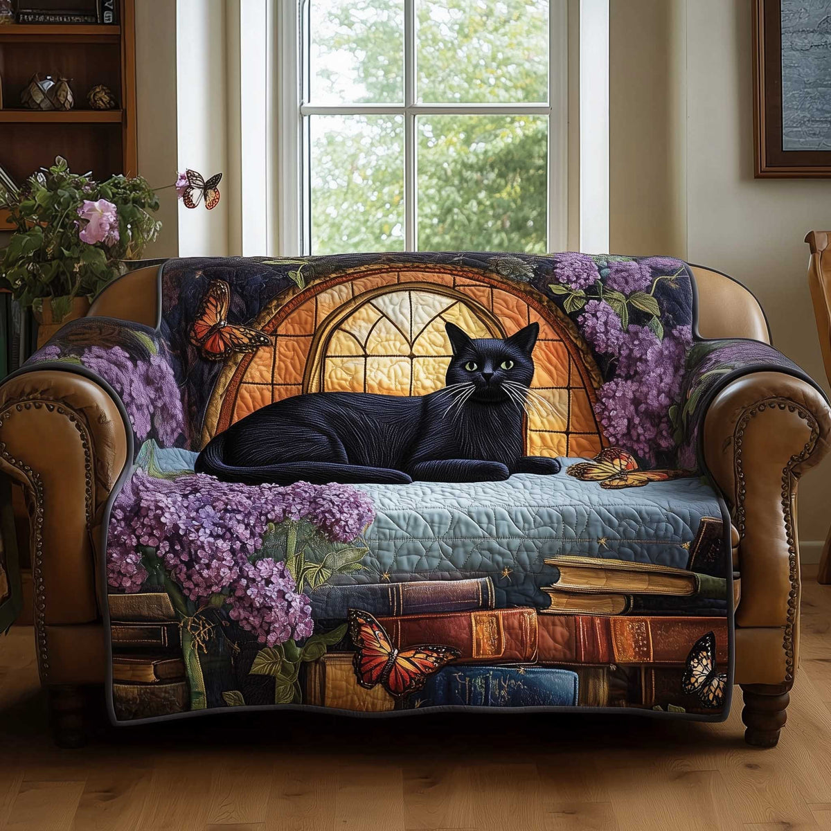 Black Cat Among Books and Lilacs Sofa Cover