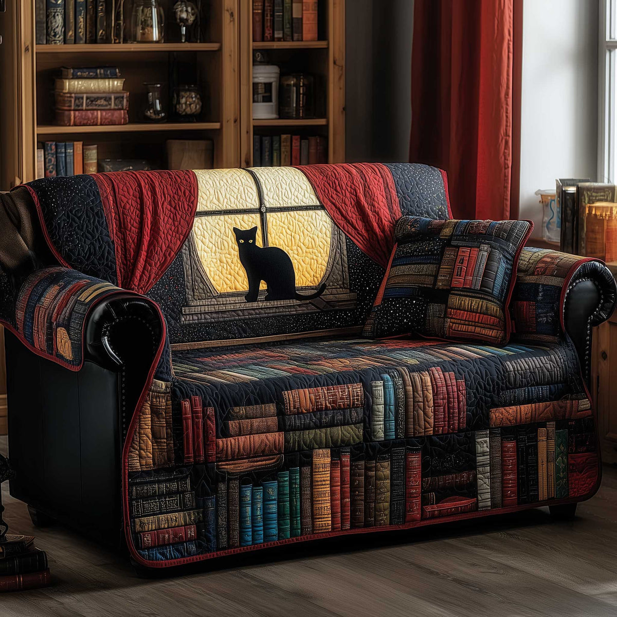 Cat Silhouette Above the Book Stacks Sofa Cover