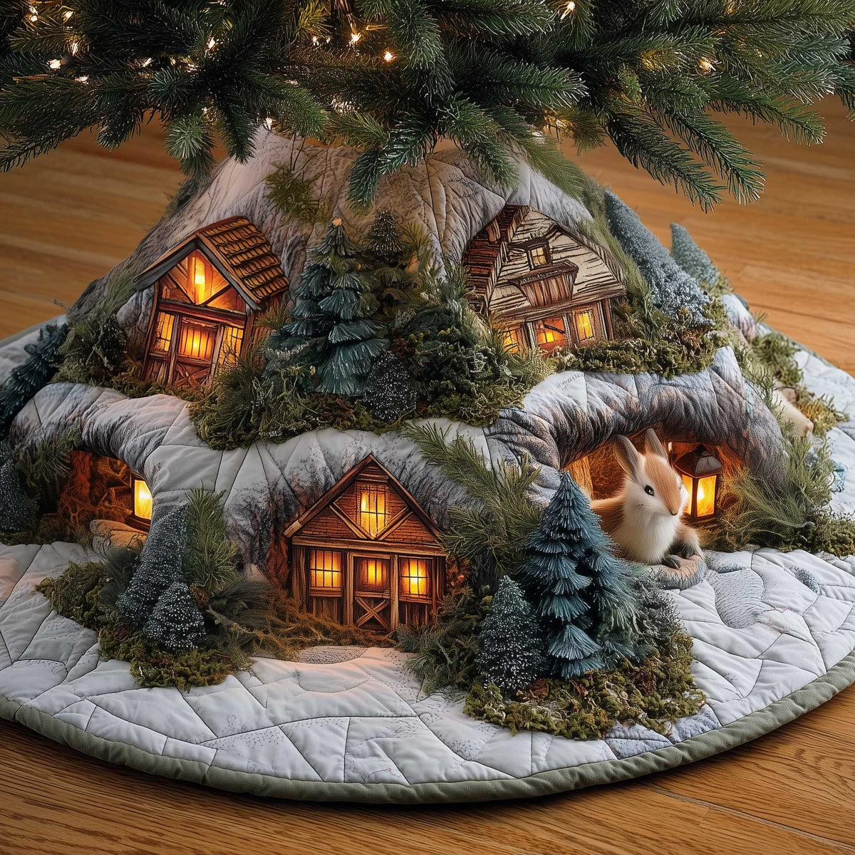 Snowy Cabins with a Deer Christmas Tree Skirt