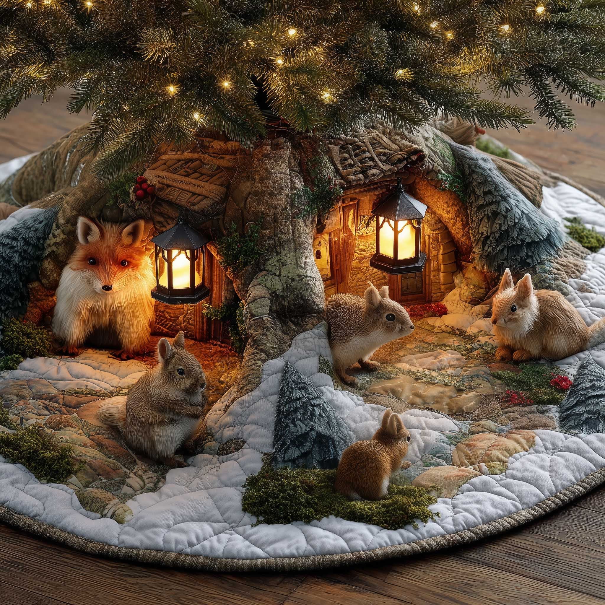 Fox and Rabbits by the Lit Cabins Christmas Tree Skirt