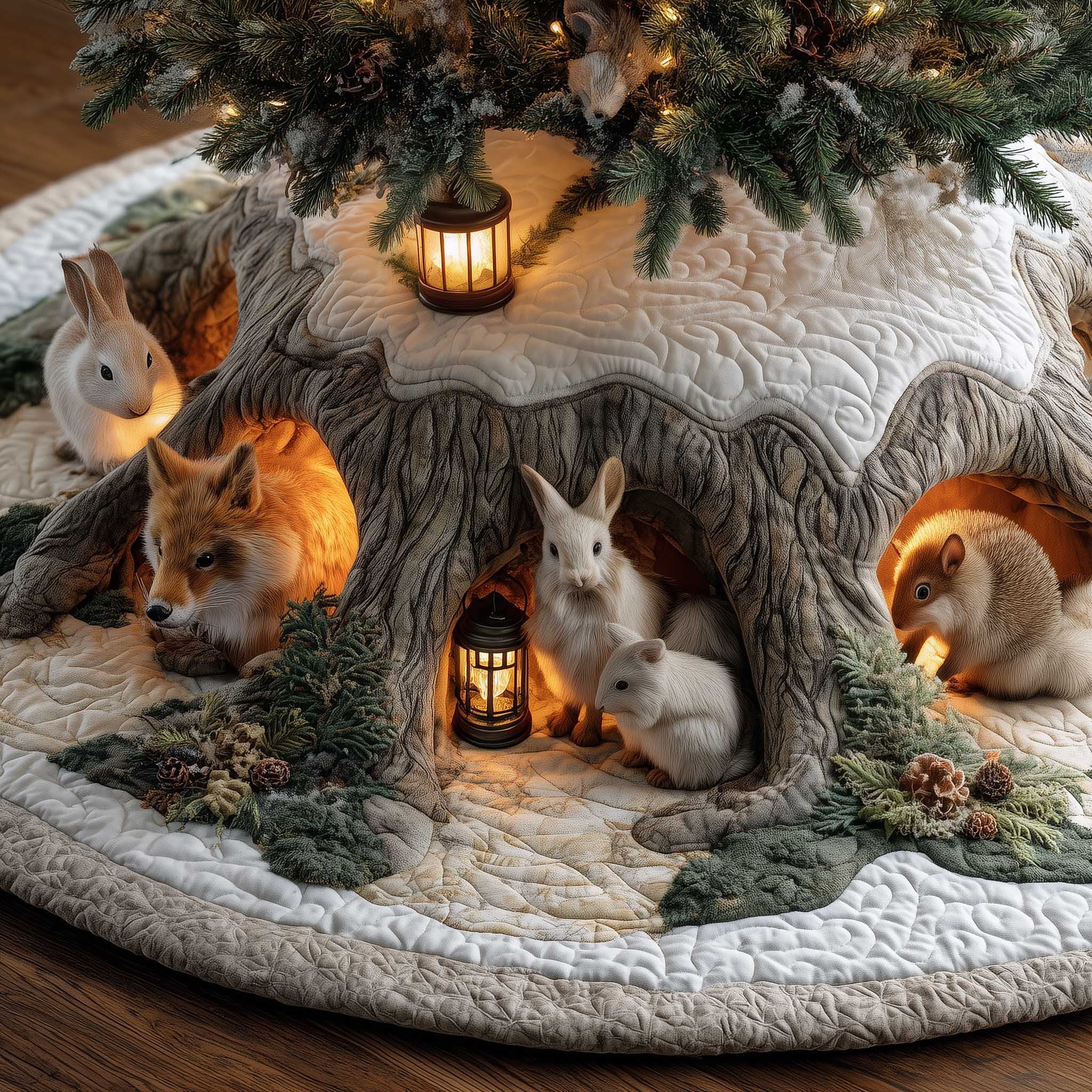 Fox and Rabbits in the Lantern Burrow Christmas Tree Skirt