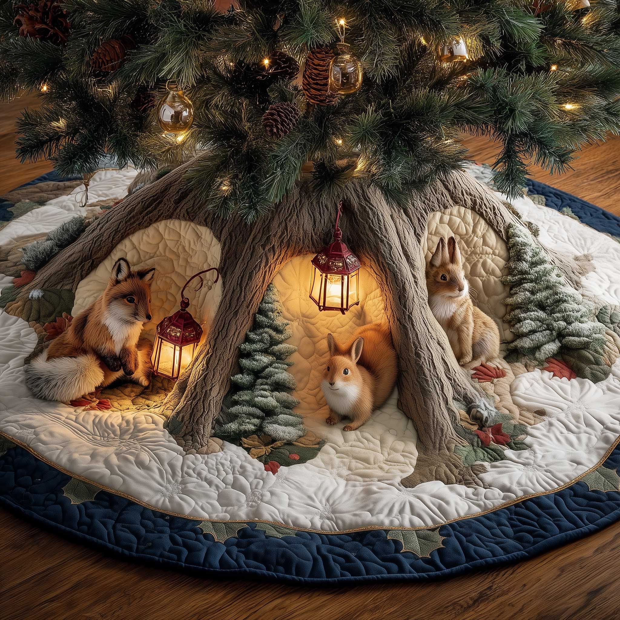 Squirrels and Rabbits Under the Lantern Tree Christmas Tree Skirt