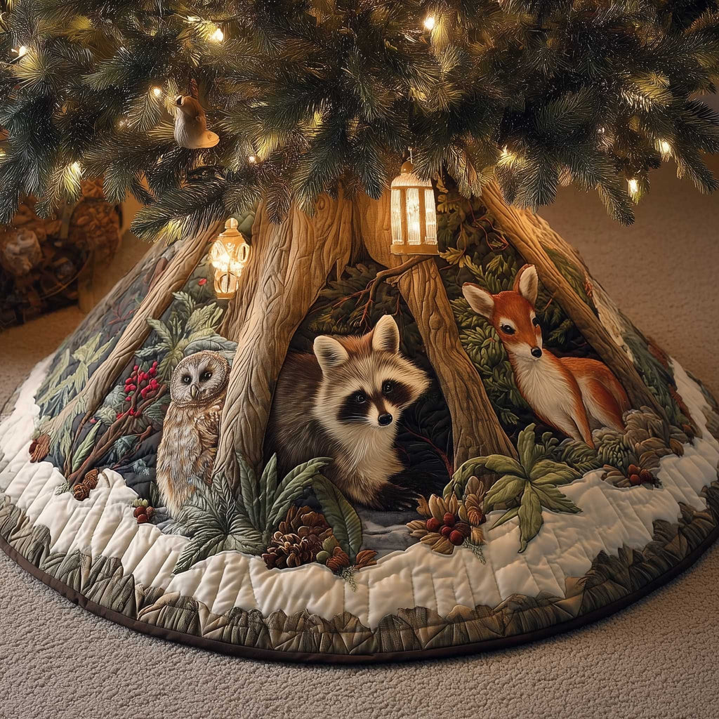 Raccoon Owl and Deer in the Hollow Christmas Tree Skirt