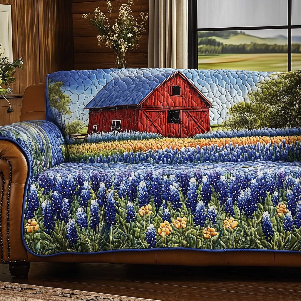 Red Barn Above the Bluebonnets Sofa Cover