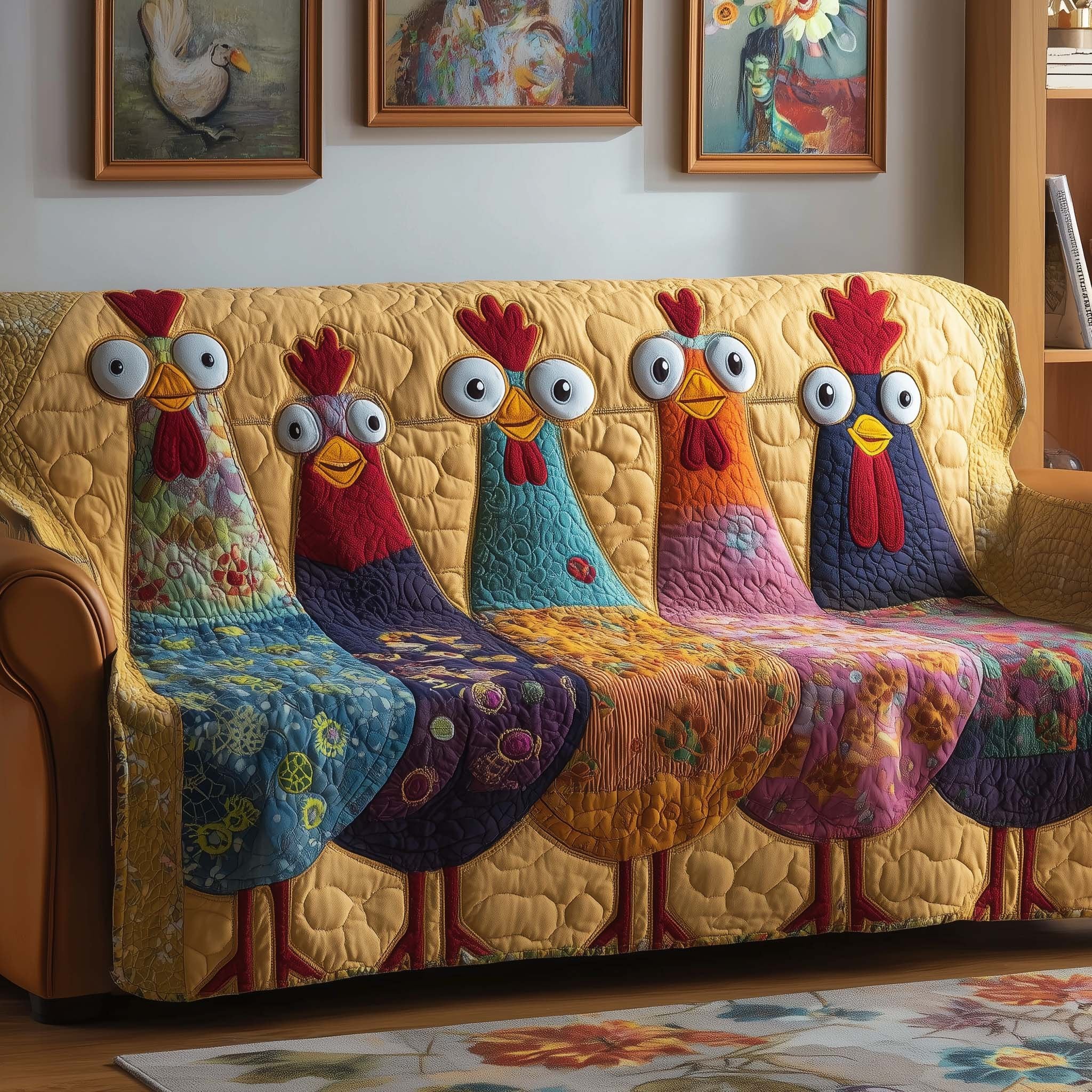 Roosters and Hens on Golden Quilt Sofa Cover
