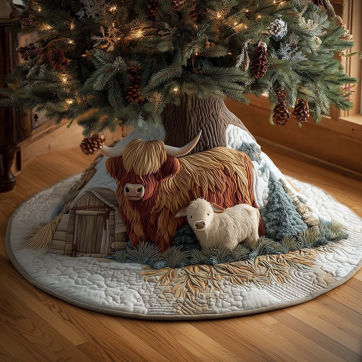 Highland Cow with a White Calf Christmas Tree Skirt