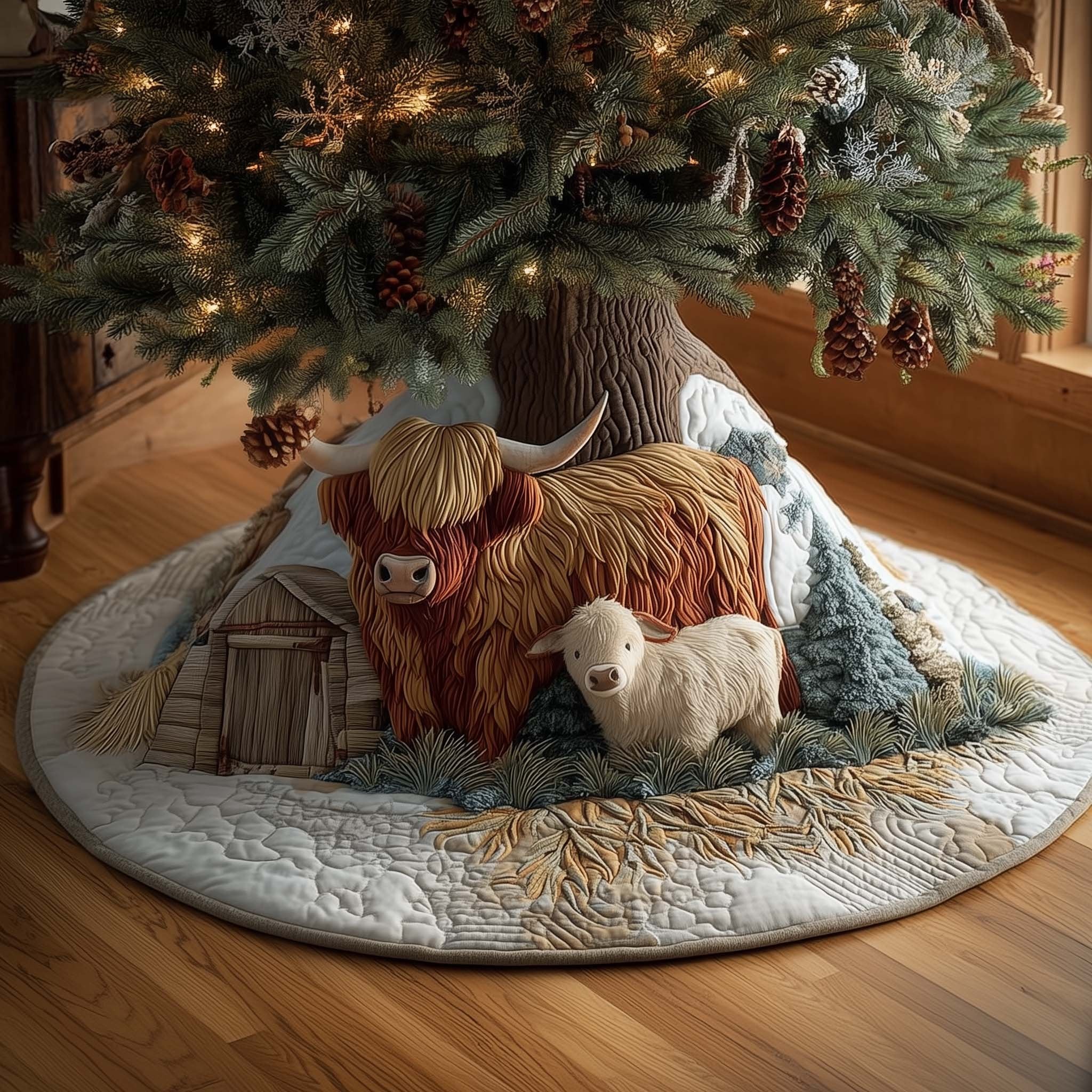 Highland Cow with a White Calf Christmas Tree Skirt