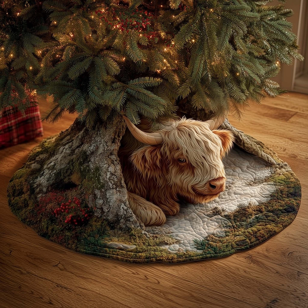 Highland Cow Lying in the Snow Christmas Tree Skirt