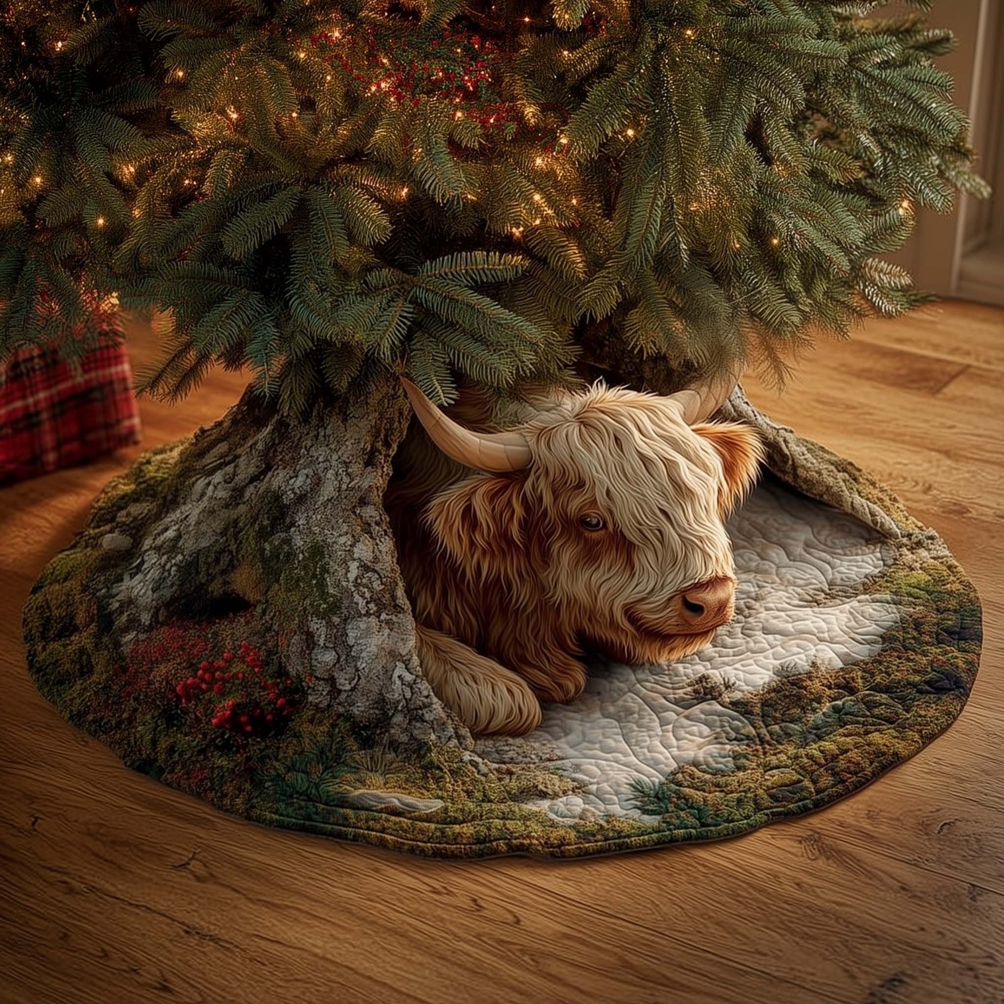 Highland Cow Lying in the Snow Christmas Tree Skirt