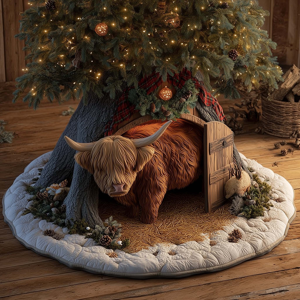 Highland Cow at the Barn Door Christmas Tree Skirt