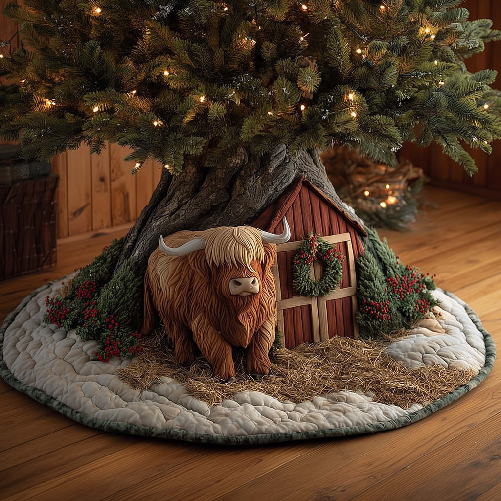 Highland Cow with a Wreath Christmas Tree Skirt
