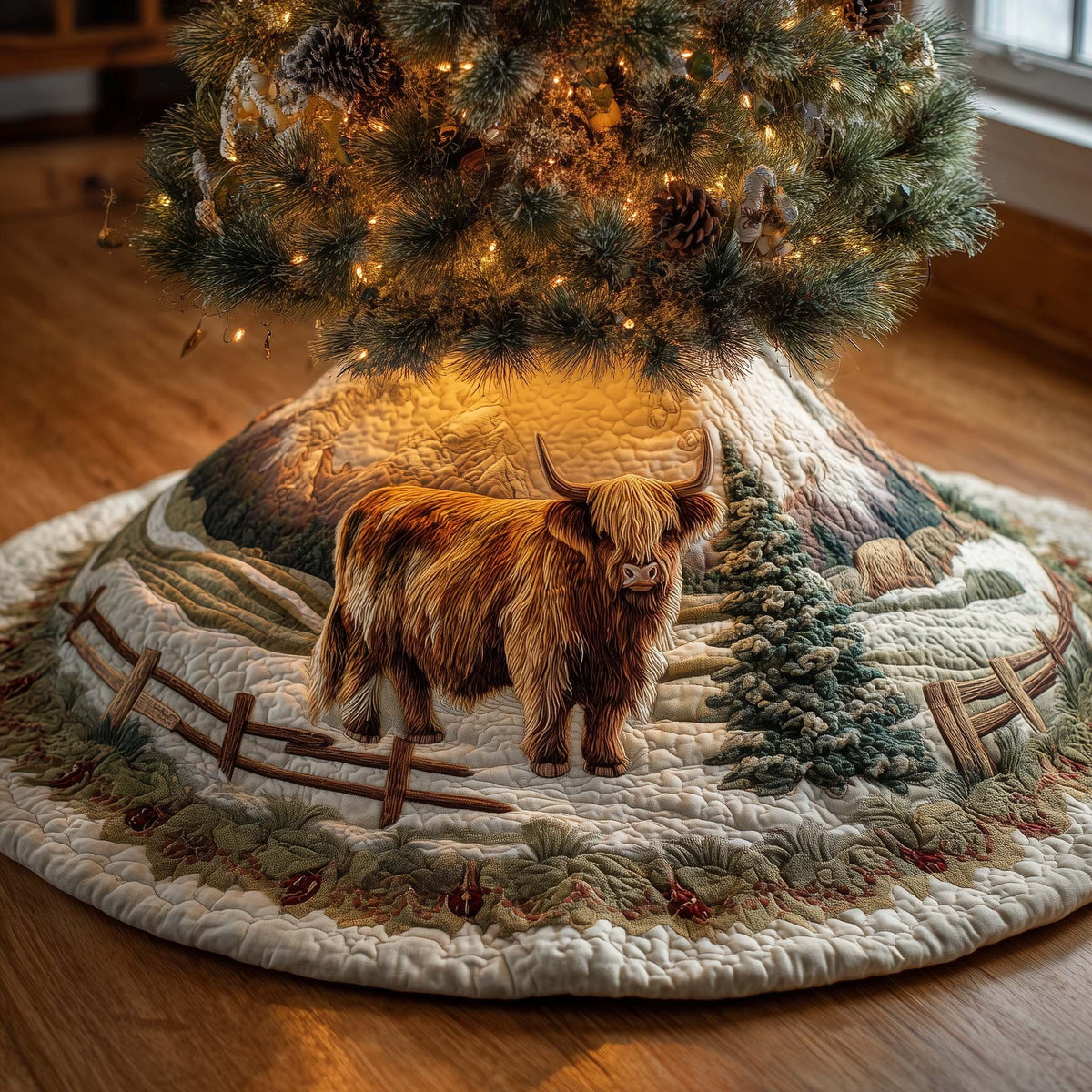 Highland Cow by the Fence Christmas Tree Skirt