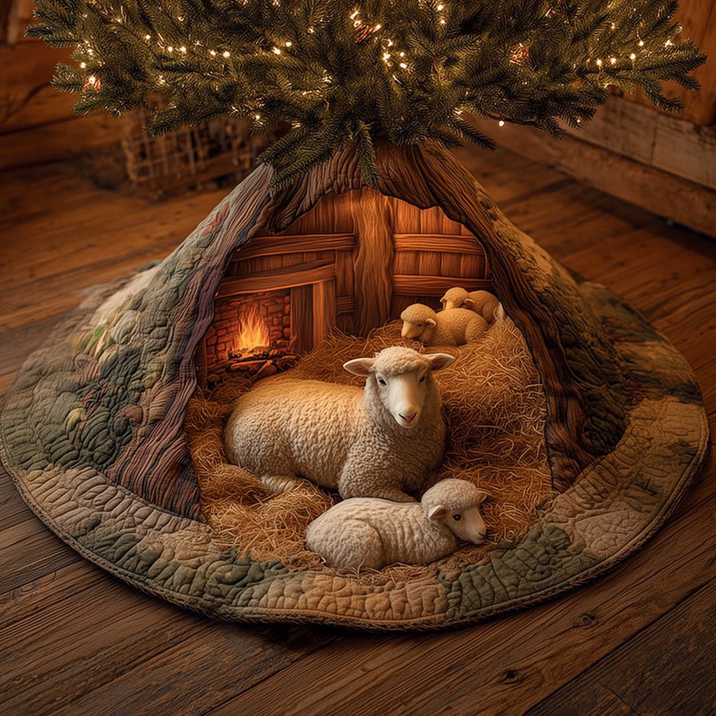 Sheep and Lamb in the Warm Barn Christmas Tree Skirt
