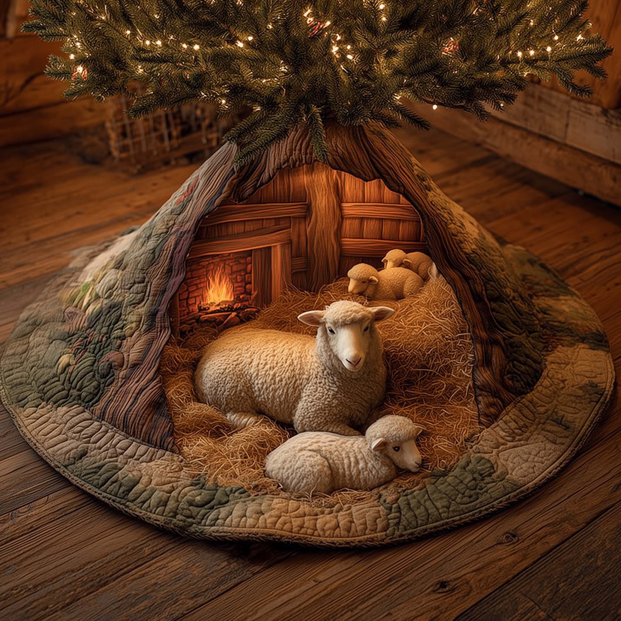 Sheep and Lamb in the Warm Barn Christmas Tree Skirt