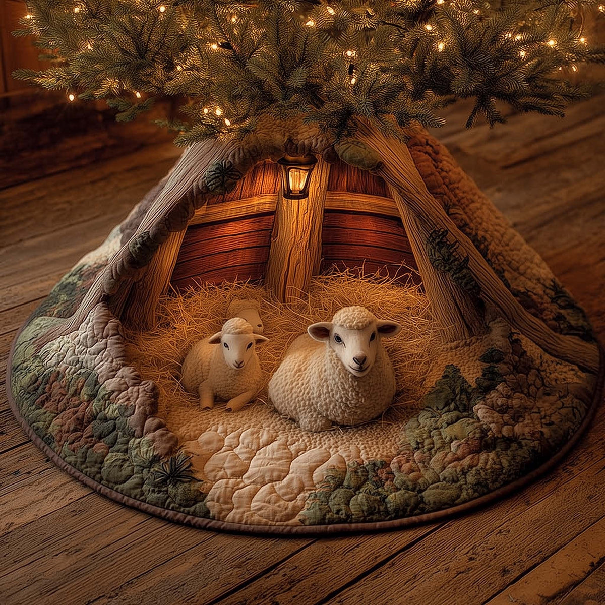 Two Sheep in the Wooden Shelter Christmas Tree Skirt