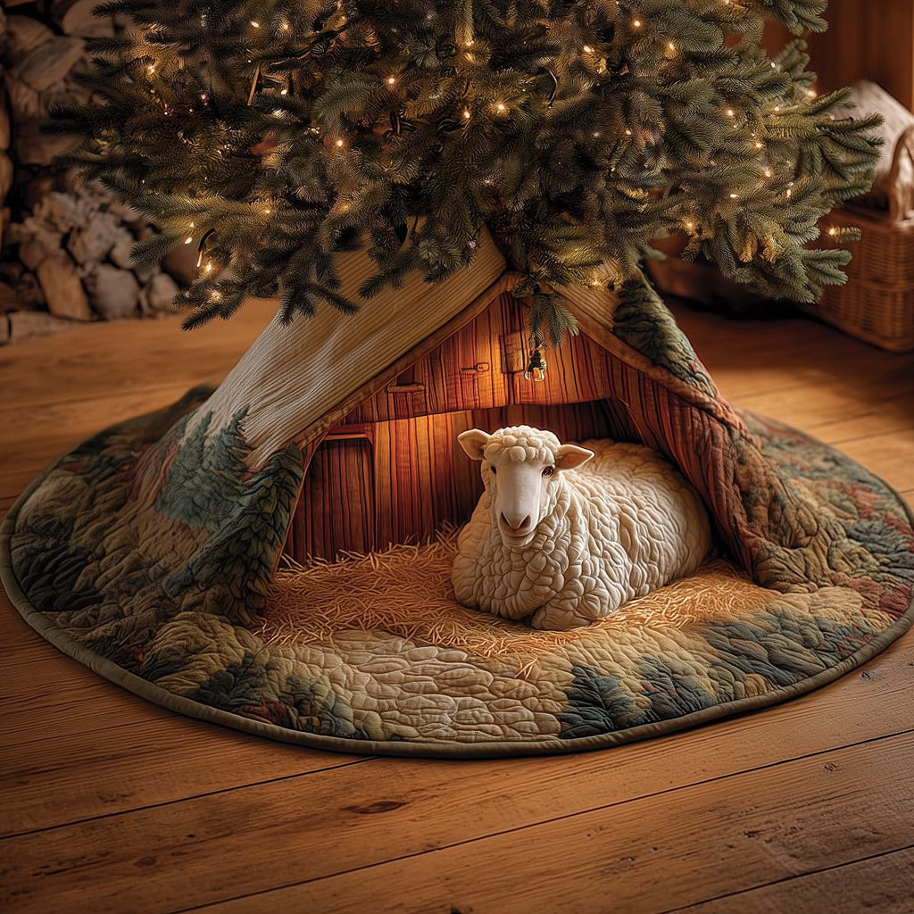 Sheep Resting in the Barn Doorway Christmas Tree Skirt
