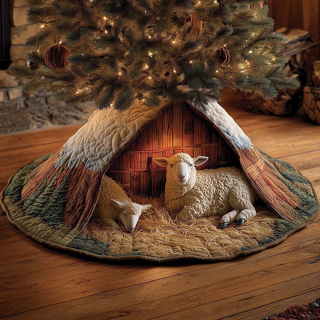 Sheep Lying Under the Wooden Shelter Christmas Tree Skirt