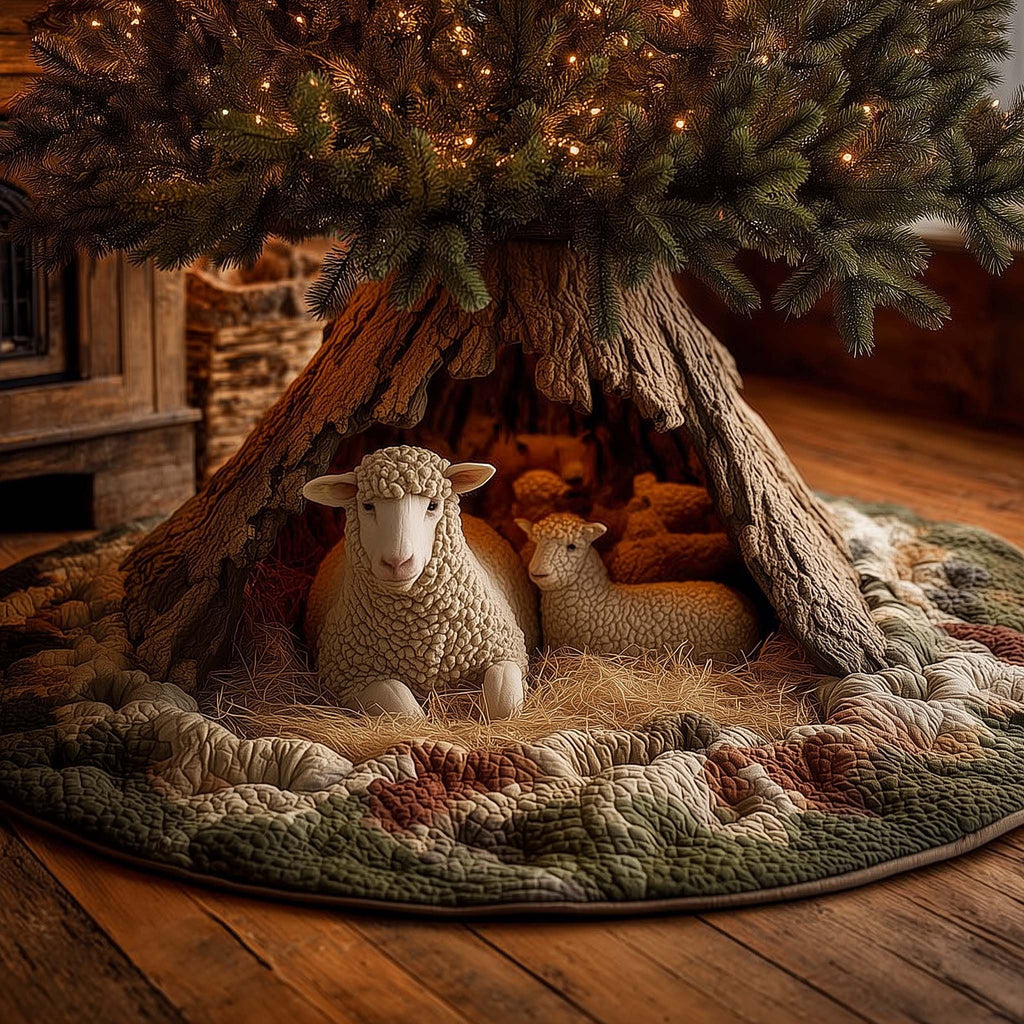 Sheep in the Hollow Tree Shelter Christmas Tree Skirt