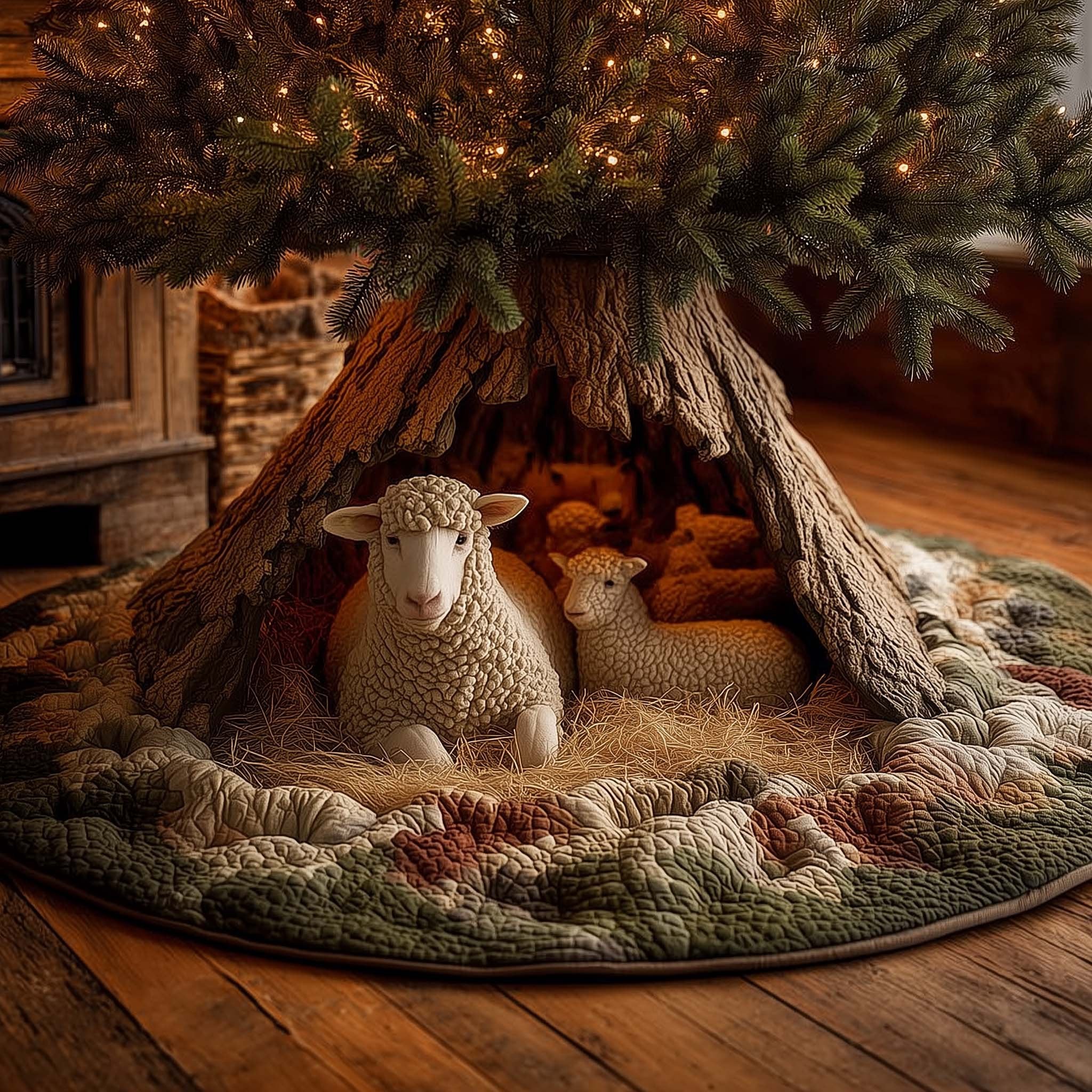 Sheep in the Hollow Tree Shelter Christmas Tree Skirt