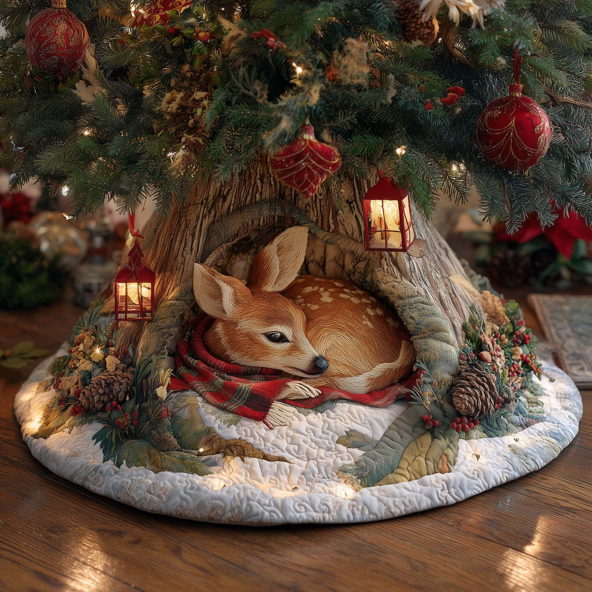 Fawn with a Glowing Lantern Christmas Tree Skirt